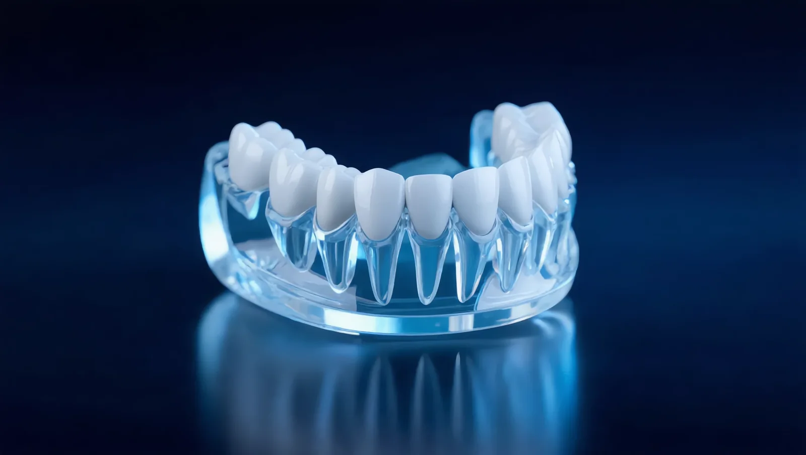 Clinical render of a clear lower jaw model with white teeth on a dark blue surface