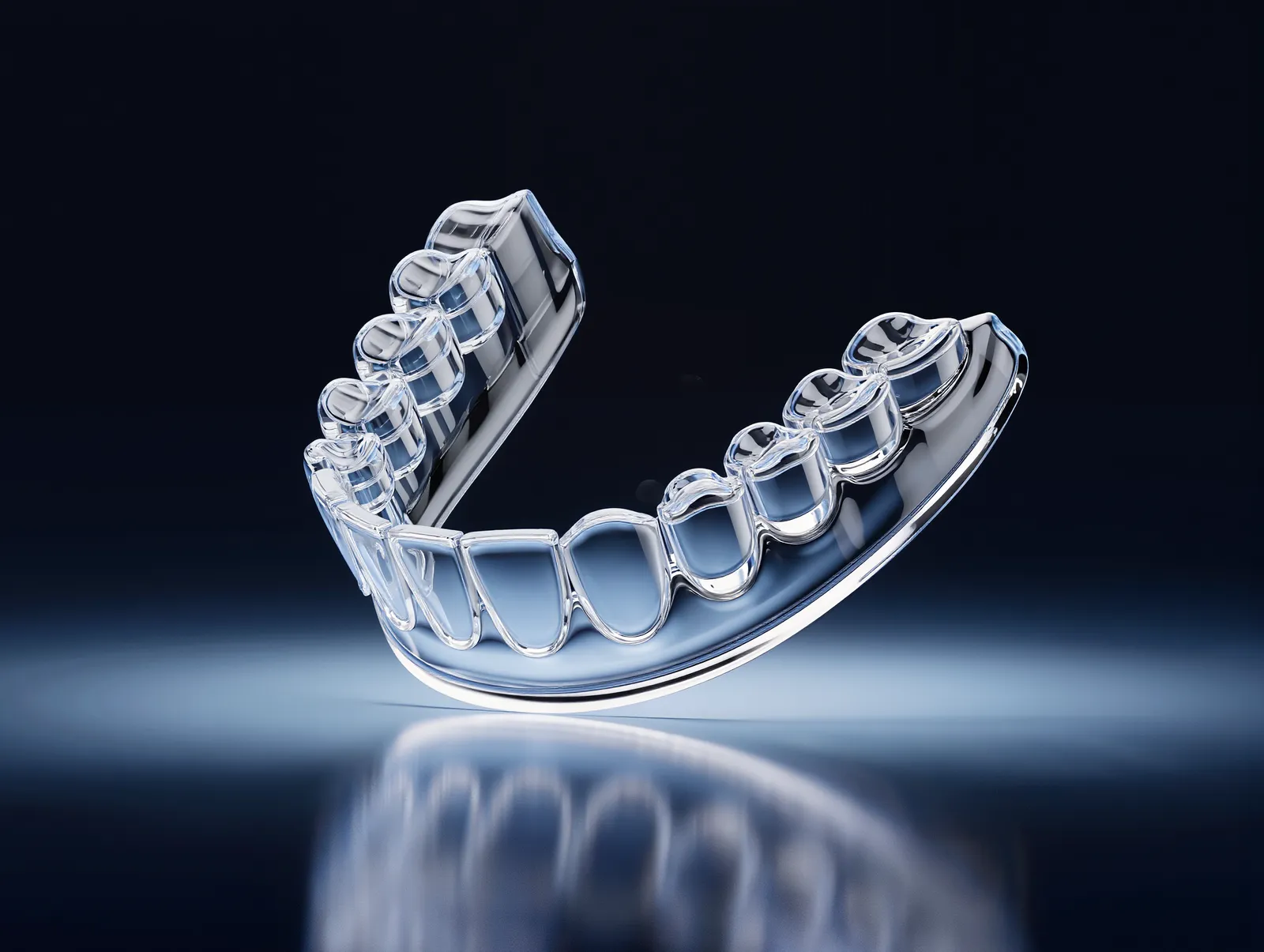 Clinical render of a transparent clear aligner tray in cool blue light