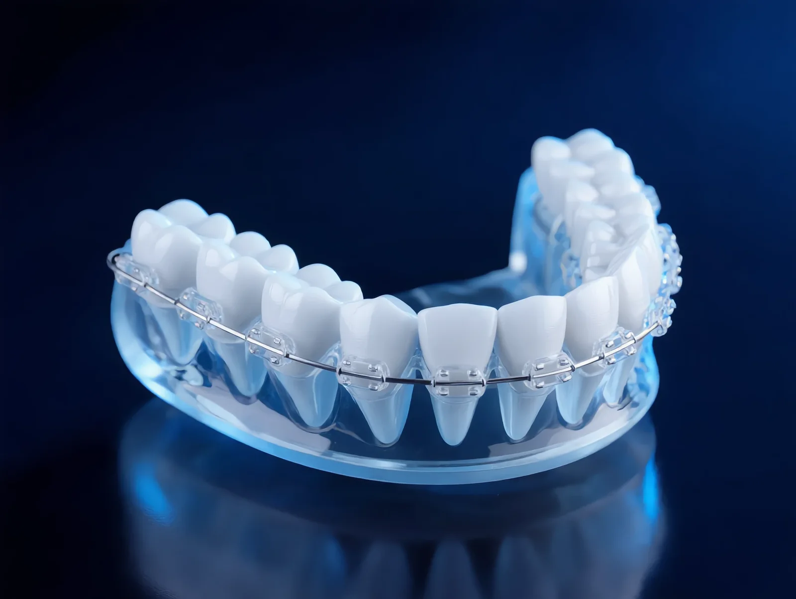 Clinical render of a clear dental model wearing ceramic braces on a dark blue surface