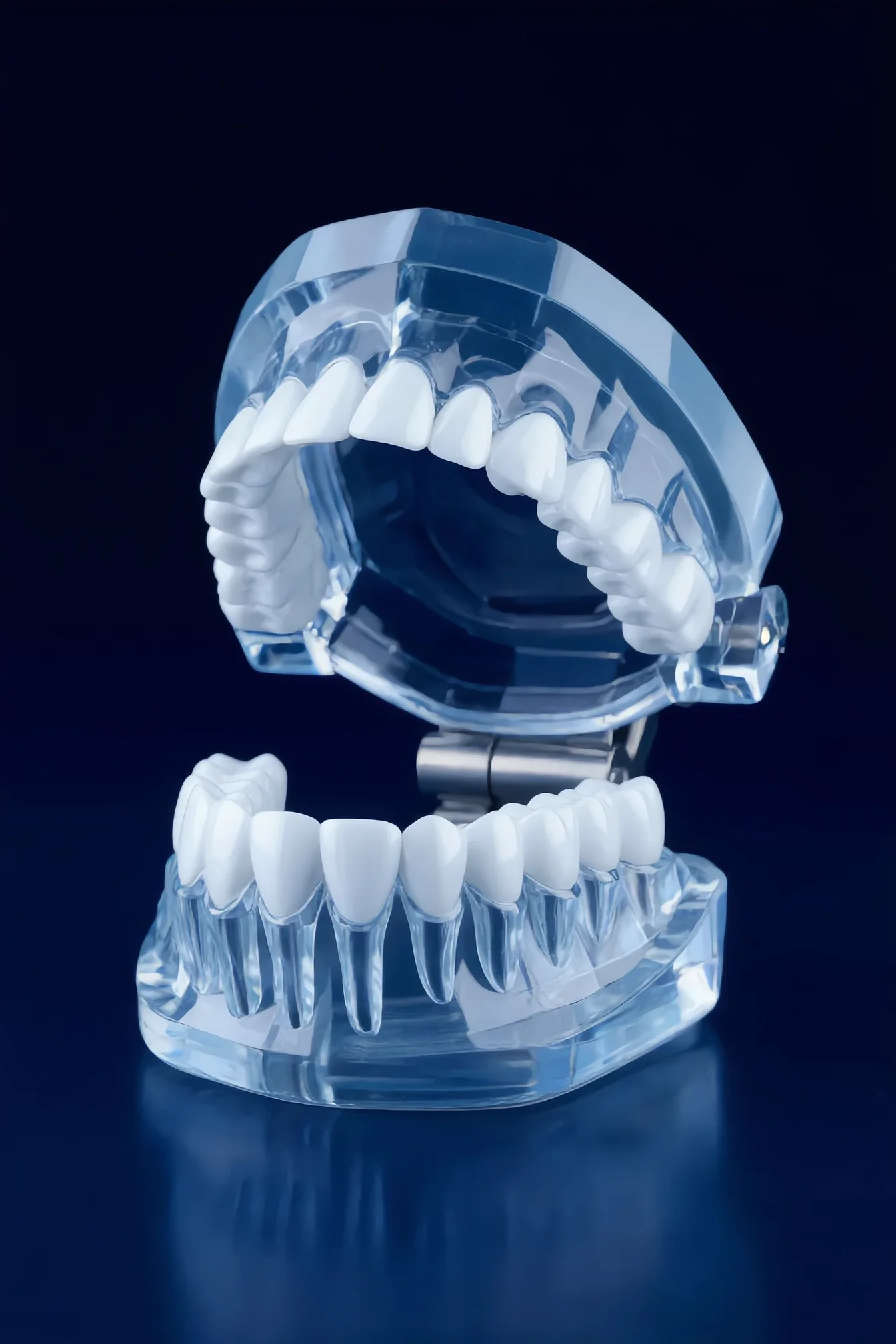 Clear dental teaching model of the upper and lower jaws on a small articulator