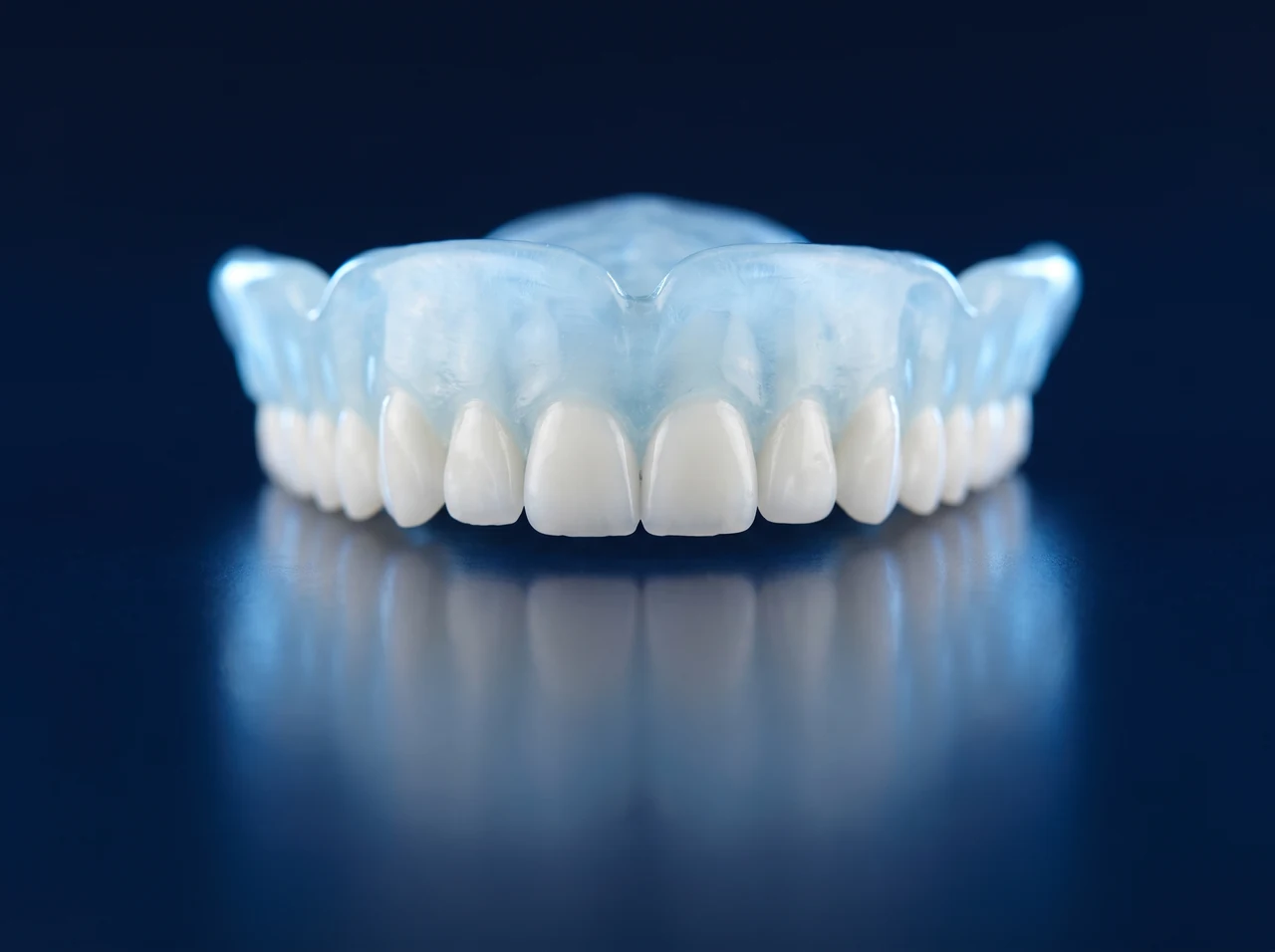 Clinical render of a full upper denture model with a translucent base on a deep blue surface